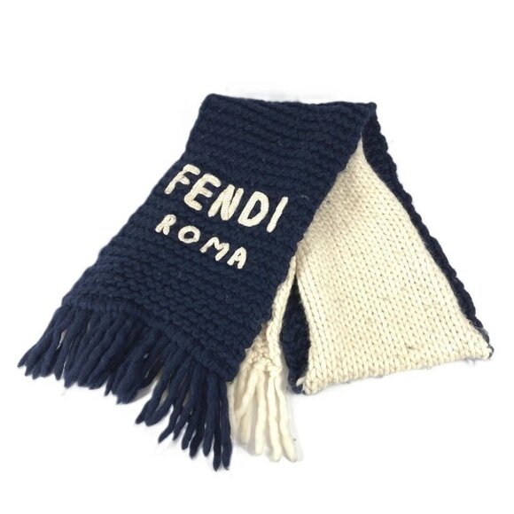 FENDI FXS124 fringe logo Bicolor Scarf wool / Nylon Navy/White - Picture 1 of 16